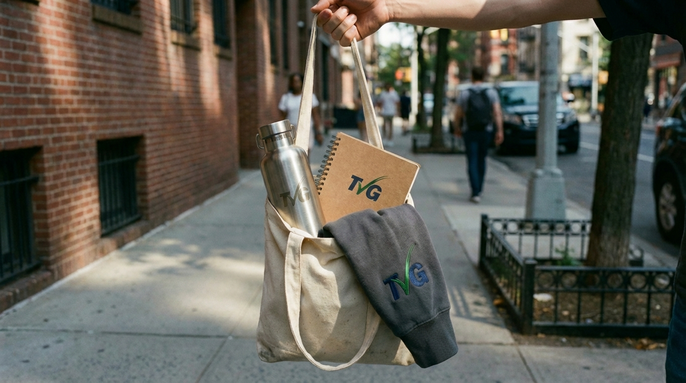 Premium branded merchandise including notebooks, water bottles, and apparel