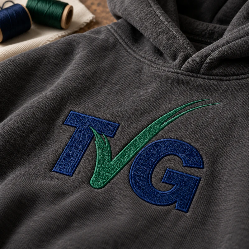 Illustrative close-up of navy and green TVG embroidery on charcoal cotton